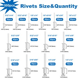 smseace 780pcs 18-Values Pop Rivets with Backup Rivets Washers Assortment Kit 14-Values Silver Aluminum Rivets3/32" 1/8" 5/32" 3/16",4-Values Blind Rivet Washer for Indoor and Outdoor