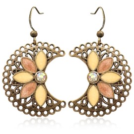 JIMARIN Bohemian Retro Copper Enamel Hollow Flower Geometry Circle Moon Dangle Drop Earrings For Women (Yellow Moon)