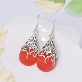 AeraVida Floral Vine Ornate Teardrop Reconstructed Red Coral .925 Silver Earrings for Women, 15x43mm | Fashion Jewelry