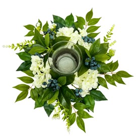 All Season Floral Arrangement Centerpiece for Table Glass Candle Holders with Artificial Hydrangea Flowers Blueberry Eucalyptus Leaves for Dining Room Indoor Outdoor Home Decor