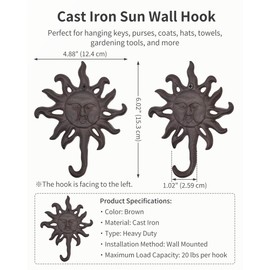 RIXIGOOD Decorative Cast Iron Sun Wall Hooks - Rustic Brown Coat Hooks for Wall, Vintage Heavy Duty Hanger for Hanging Key Hat Purse Towel Clothes, Farmhouse Entryway Shabby Chic Decor 2 Pack