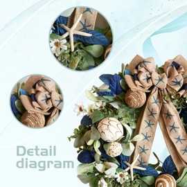 vivimemo Coastal Wreath for Front Door 22 Inch Wreath with Starfish, Shells & Burlap Bow, Blue Green Sea Themed Wreaths for Home Decor, Front Porch, Wall, Summer Beach House Decoration