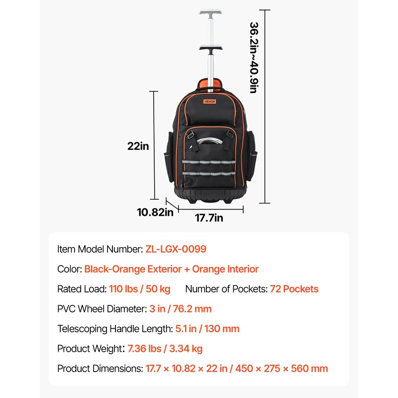 VEVOR Rolling Tool Backpack, 110 lbs Load Capacity, 72 Pockets