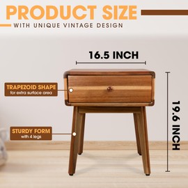 ENKEZI Small Mid Century Acacia Night Stand with Drawer Dresser, Handcrafted Small Nightstand, Space-Saving Bedroom Side Tables with Acrylic Coating, No Visible Nails