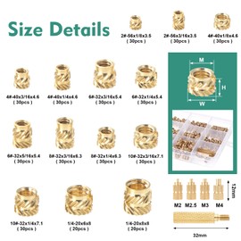 Faankiton Pack of 405 Threaded Inserts, 3D Print Brass Nuts 2#-56、4#-40、6#-32、8#-32、10#-32、1/4"-20 Inch (UNC), Threaded Insert Female Thread Knurled Brass Nuts, 15 Brass Embedding Nuts