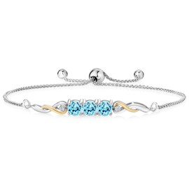 Gem Stone King 925 Sterling Silver and 10K Yellow Gold Blue Apatite and White Lab Grown Diamond Tennis Bracelet For Women (1.51 Cttw, Gemstone Birthstone, Fully Adjustable Up to 9 Inch)