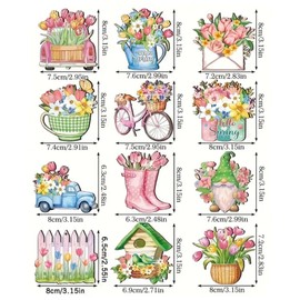 GWAWG Wooden Spring Decoration, Hanging Ornaments with Tulips, Gnomes, Umbrellas, Décor for Branches, Windows, Doors, Gardens, Easter, Mother's Day Summer Garden Décor 12pcs