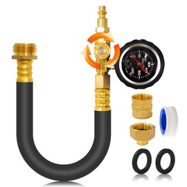 Brass RV Winterizing Kit with Pressure Gauge - 17 Inch Garden Hose, 3/4" GHT Blow Out Fitting Adapter & 1/4" NPT Quick Connect Plug - Sprinkler Blowout Tool for Camper, Travel Trailer