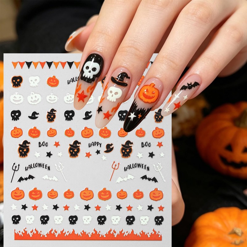 6 Pcs Halloween Nail Art Stickers Pumpkin Ghosts Bat Spider