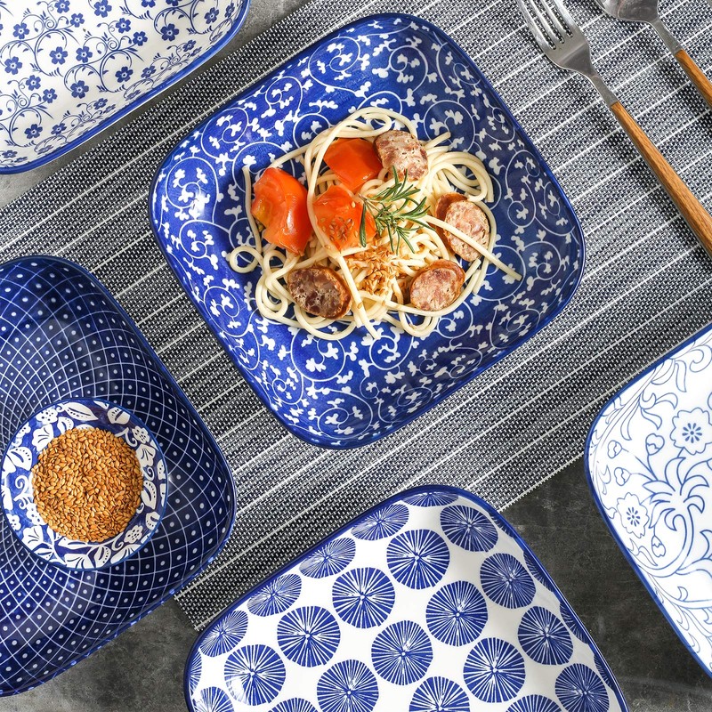 Selamica Porcelain 8-inch Square Dinner Plates, Salad Pasta Bowls, Set