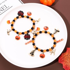 NVENF 2PCS Halloween Bracelets for Women Pumpkin BOO Ghost Charm Bracelets Black Bead Stretch Bracelet Set Costume Party Gifts (Style E)
