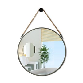 POZINO Round Mirror, Rope Hanging Mirror, 15 Inch Farmhouse Circle Wall Mirror for Bathroom Bedroom Living Room Entryway Home Decor, Grey