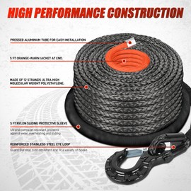 Nilight 1/2" x 92' Synthetic Winch Rope 32,000 lbs Winch Line Cable Ropes Kit with Thimble Protective Sleeve 35000lb Heavy Duty Winch Hook for SUV 4WD Off Road Vehicle Truck ATV UTV, Black & Orange