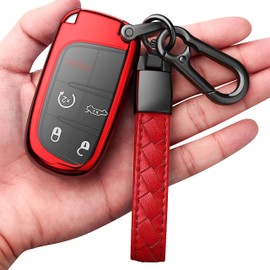 Teenpull Key Fob Cover Compatible with Jeep 3 4 5 Buttons with Keychain Soft TPU Key Case Fit for Jeep Grand Grand Cherokee Compass Dodge Durango Charger Challenger Chrysler 300 Dart Smart Key (Red)