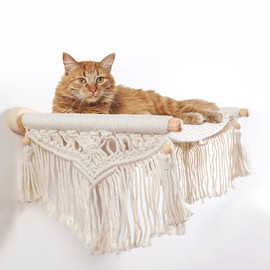 nets Tribe Macrame Cat Wall Shelves & Hammock - Comfy Cat Beds with Window Perch for Indoor Cats, Sleeping & Climbing, Cotton Rope, Natural Wood, Maximum Hold up to 30lb, Beige White