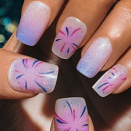 Sethexy Coffin Press on Nail Short - Pink Firework, Purple Gradient, Cat Eye Design Acrylic False Nail for Women 15 Sizes - 30 Pcs Soft Gel Nail Kit with Glue
