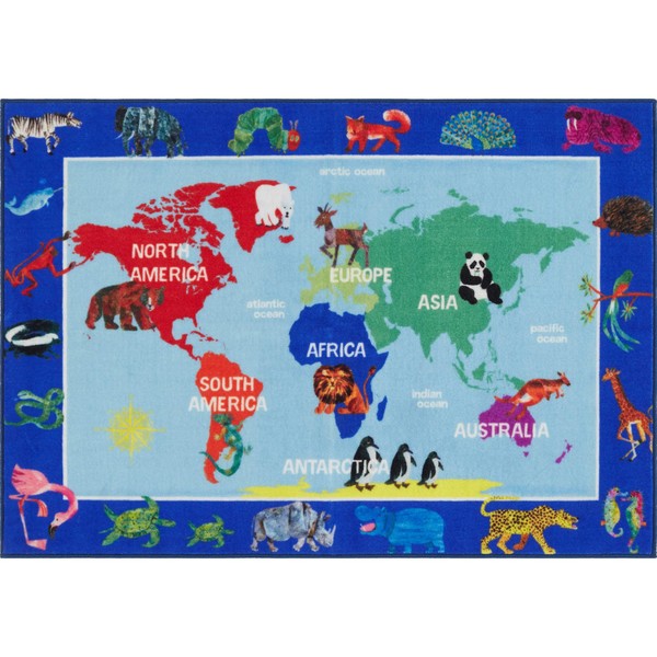 Eric Carle Elementary World Map Kids Machine Washable Area Rug Blue/Red, 4'11"x6'6"