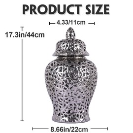 Silver Pierced Ginger Jar Vase with Lid - 15.7" Tall Silver Decorative Ceramic Jar for Home Decor, Centerpiece for Living Room, Dining Room, Entryway, or Office, Large Silver Vase for Flowers