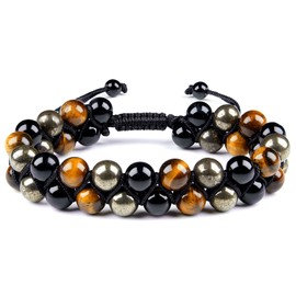 Triple Protection Bracelet for Men/Women – Handmade with Tiger Eye, Black Onyx & Pyrite Stone, 8mm Healing Crystal Bracelet for Grounding, Luck & Positive Vibes