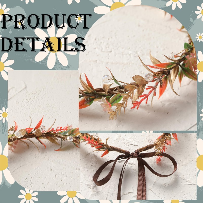 KorViSHOW Red Flower Crown Headband, Artificial Golden Green Leaf Floral