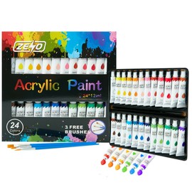 ZENO Acrylic Paint Set of 24 Colour Tubes | with 3 Paint Brushes | For Canvas Wood Ceramic Fabric | Non-Toxic | Vibrant Pigments | For Adults & Kids
