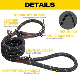 Fida Slip Leads for Dogs, 4 FT x 1/2" Dog Leash Heavy Duty Comfortable Strong Rope Leash for Large, Medium Dogs, No Pull Pet Training Leash with Highly Reflective, Black