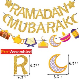 PHIREE Ramadan Decorations for Home 2024 Glitter Ramadan Banner Not Need DIY Ramadan Mubarak Banner Garland Ramadan Mubarak Kareem Fireplace Decorations, Gold