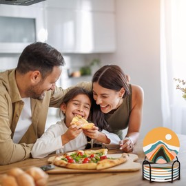 Boho Sunset Sunrise Mountain Set of 6 Coasters for Drinks Absorbing Round Ceramic Stone Coaster with Cork Base,Tabletop Protection Mat for Mugs and Cups,Office,Kitchen