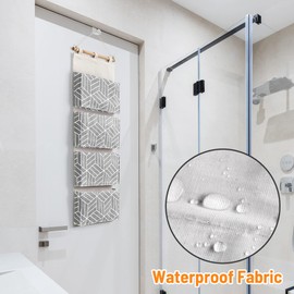 CROWNED 2Pcs Over Door Hanging Storage Bags Wall Mount Closet Organizer, 4 Big Pockets Linen Cotton Fabric Multi Functional Living Room Bedroom Bathroom File Magazine Waterproof Free Hooks Grey
