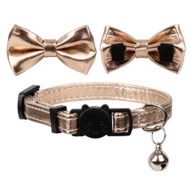 Gyapet Cat Collar Safety with Bow Bell PU Leather Soft Party Wedding Sparkling Solid Colors Kitten Gold