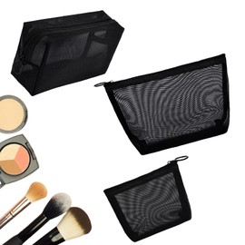 3-Pack Mesh Makeup Bags – Portable Travel Cosmetic Pouches, Zipper Toiletry Organizers for Home, Office, and Travel (Black)