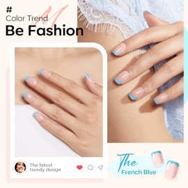 Modelones French Tip Press on Nails Short, Square Fake Nails, Reusable Nail Kit with Nail Glue Adhesive Tabs Mini Nail File, Nails Press Ons 32Pcs 16Sizes, Women Girl Gift, Blue