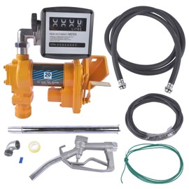 20GPM 12V Yellow Fuel Transfer Pump with Discharge Hose & Manual Nozzle + Fuel Flow Meter for Transfer of Gasoline, Diesel, Kerosene, Ethanol & Methanol Blends & Biodiesel