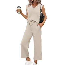 Sampeel Two Piece Sets for Women 2026 Summer Dressy Vacation Travel Airport Spring Outfits Casual Lounge Sweatsuits Matching Sets Fashion Clothing Resort Wear Outfits Beige L