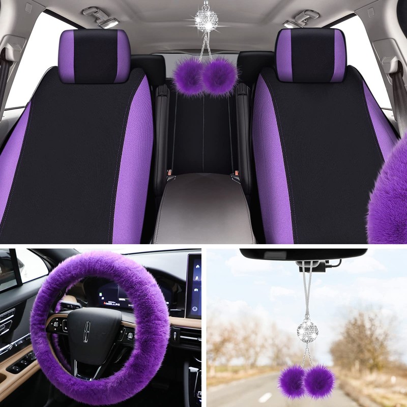 Tallew 17 Pcs Purple Fluffy Car Seat Cover Full Set