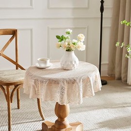 LinenZone Round Lace Tablecloth with Leaves Design. Luxury Linen Tablecloth is 70 Inches in Diameter. Leaf Tablecloth for Farmhouse Table Decor or Rustic Kitchen Decor. (Amelia 70 Round, Linen)