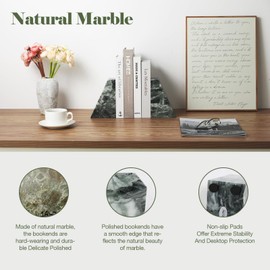 Karibiber Marble Bookends for Heavy Books, Decorative Bookends for Shelves, Green Stone Book Ends, Heavy-Duty Book Ends for Hardback Book & Cookbooks, Unique Book Stopper & Holder, Set of 2