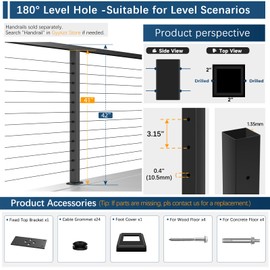 Gyykzz 42" Swageless Black Cable Railing Post, T304 Stainless Steel Level Drilled Line Post for Deck Railing System, Upgraded Black Powder Coated Wire Metal Deck Post for Indoor Outdoor Porch Balcony