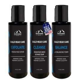 Mountaineer Brand Bald Head Care Gifts For Bald Men | All Natural 3 Step Daily Skin Care for Healthy Scalp & Face | Exfoliate Scrub | Cleanse Wash | Shine Away PH Balance