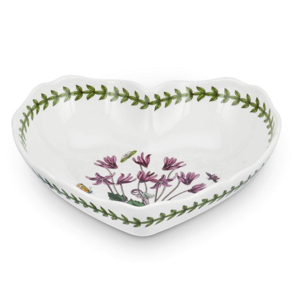Portmeirion Botanic Garden Scalloped Edge Heart Shaped Dish | 8.5 Inch Candy Dish with Cyclamen Motif | Made from Porcelain | Microwave and Dishwasher Safe