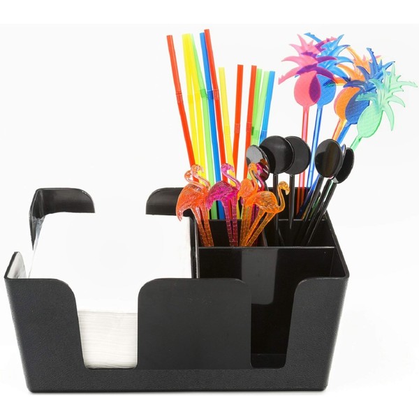 Trendy Bartender Bar Caddy and Napkin Holder Set - Commercial Grade 6 Compartment Cocktail Utensils Organizer - Set of Tropical Swizzle Sticks, Stirrers, Drinking Straws and Napkins Included - Black
