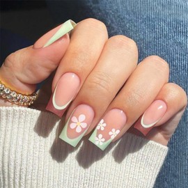 Press on Nails Medium Coffin Square French Tip Simple with Pink Green Flowers Design Fake Nails Full Cover Glossy Acrylic Glue on Nails Short Stick on Nails False Nails for Women 24Pcs XD-93-57