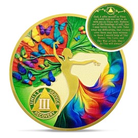 Artsy Three Year Sobriety Coin - Colorful Butterfly Tree of Life AA Coins - Recovery Addiction NA AA Chips and Medallions - 1-20 Years Clean Narcotics Alcoholics Anonymous Gifts for Men Women