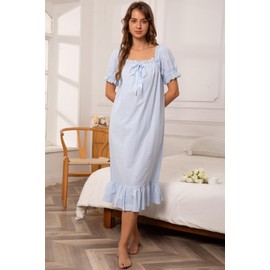 Nanxson Women's Victorian Cotton Nightgown Vintage Princess Style Sleepwear Long Lace Ruffled Loungewear (Large,Short Sleeve Blue)