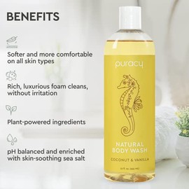 Puracy Gel de baño corporal, coco y vainilla, jabón corporal natural para alergias de la piel, 98.6% de ingredientes vegetales puros, gel de ducha hid