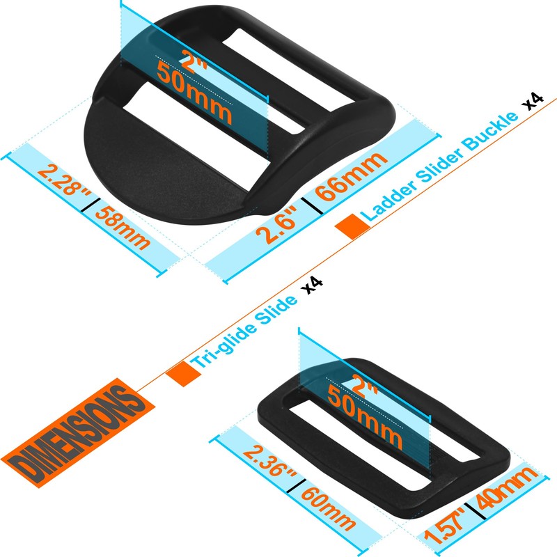 Slider Buckle for 2" Webbing Strap: 4 Set Ladder Lock