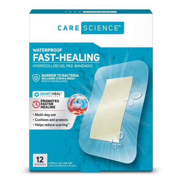 Care Science Fast-Healing Waterproof Hydrocolloid Gel Pad Bandages, XL, 2