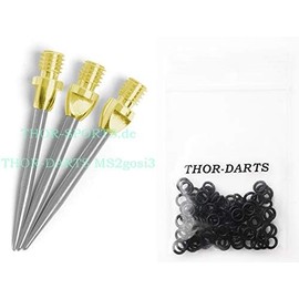 THOR-DARTS 3-6-9-12 Steel Tips for Steel Dart Gold Silver Steel Dart Tips + Rubber Rings + Flights Brands - Metal Tips (+100 Black Rubber Rings, 1 Set (3 Pieces) MS2 Gold-Silver)