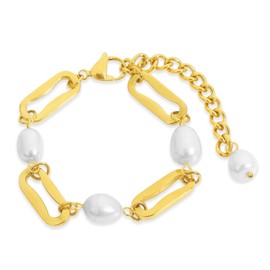 Baroque Pearl Paperclip Link Chain Bracelet 18ct Gold Plated Stainless Steel Lightweight Waterproof Hypoallergenic Extendable Length 16.5cm to 21cm Women's Jewelry