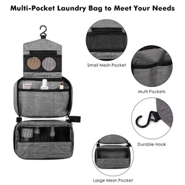 Cooja Wash Bag Hanging Toiletry Bag Women, Travel Washbag with Hook & Handle, 1 Toilet Bag + 2 Drawstring Bag, Grey